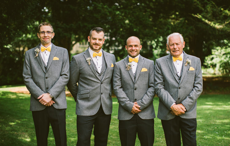 Groomsmen Chinos Tweed Jeackets Bow Ties Quirky Modern Yellow Grey City Wedding http://jenmarino.com/