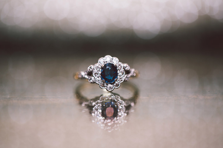 Vintage Engagement Ring Blue Sapphire Diamond Halo Band Quirky Modern Yellow Grey City Wedding http://jenmarino.com/