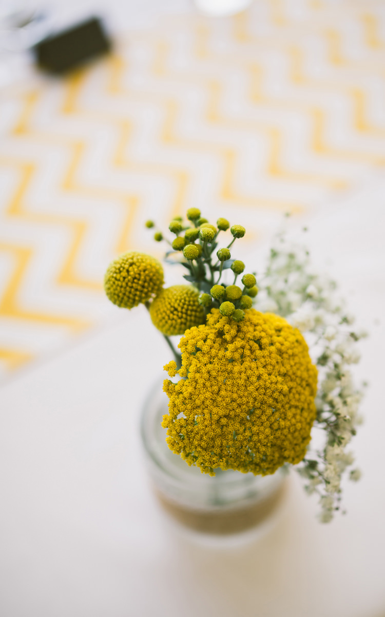 Flowers Billy Balls Tables Jar Quirky Modern Yellow Grey City Wedding http://jenmarino.com/