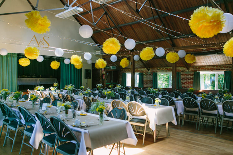 Pom Poms Lanterns Fairy Lights Crafty Yellow Vintage Village Hall Wedding http://www.suekwiatkowska.com/