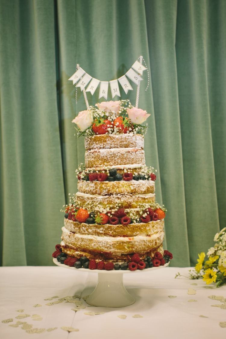 Naked Cake Sponge Bunting Layers Berries Crafty Yellow Vintage Village Hall Wedding http://www.suekwiatkowska.com/