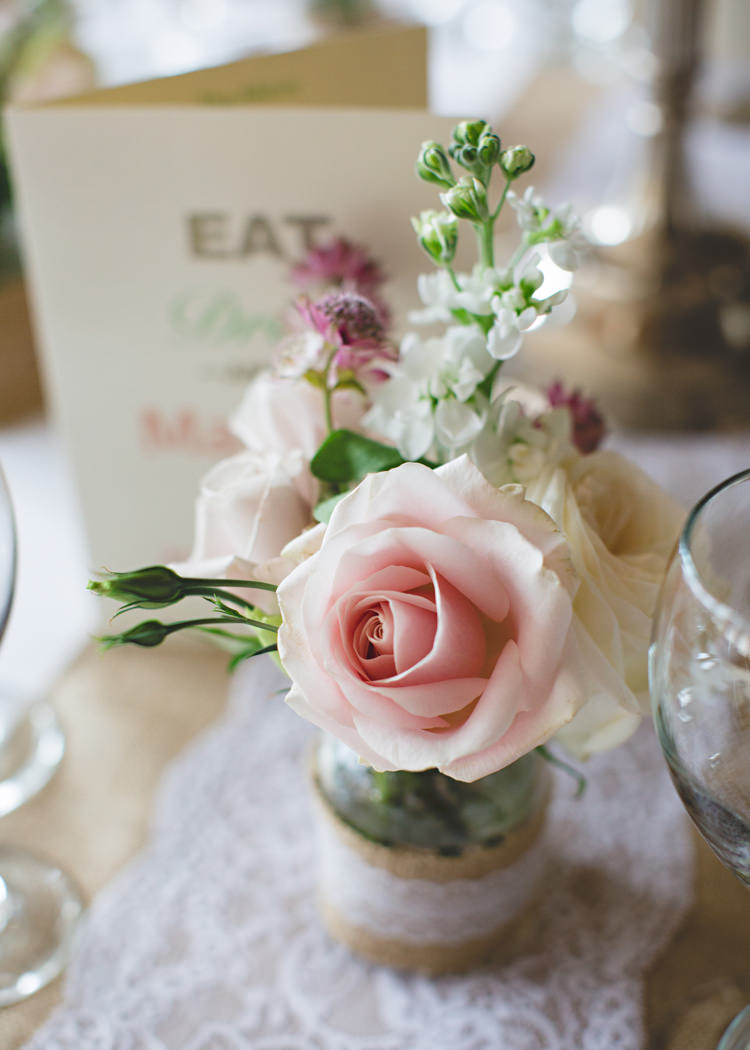 Rose Stocks Jar Flowers Hessian Pale Pink & Lace Farm Wedding http://hbaphotography.com/