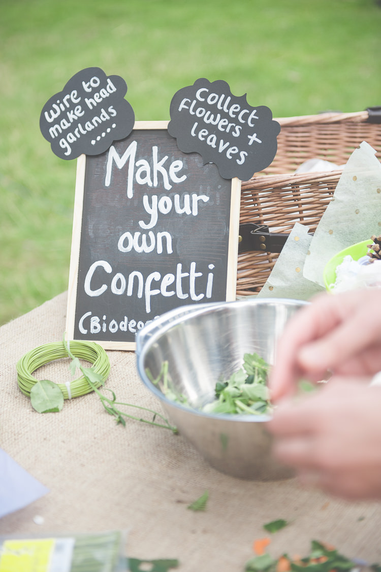 Flower Crown Confetti Bar Station DIY Quirky Natural Woodland Wedding http://lisahowardphotography.co.uk/