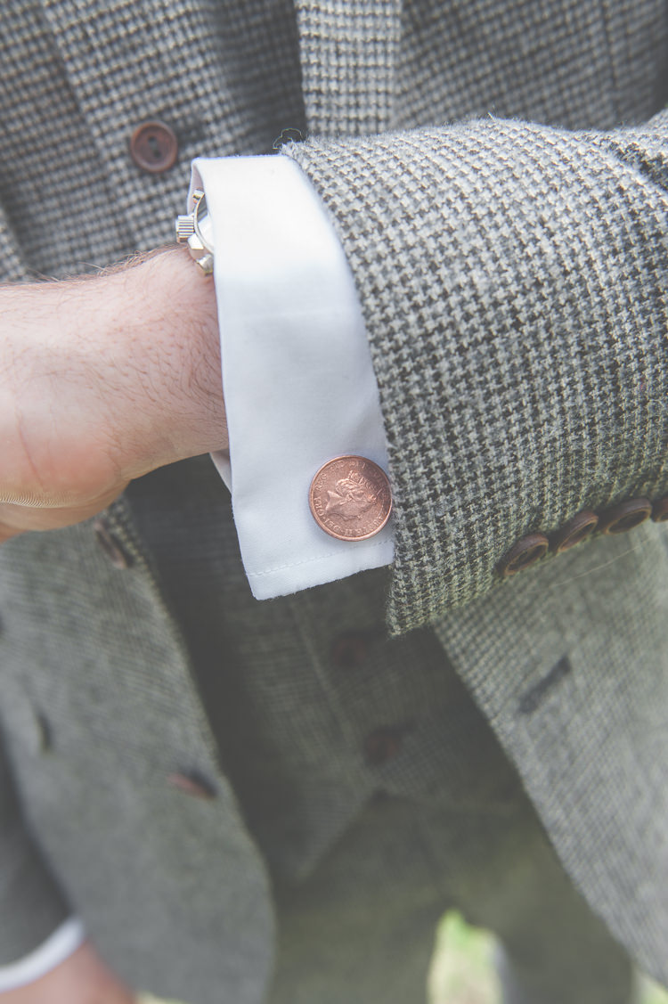 Penny Cufflinks Groom Style Quirky Natural Woodland Wedding http://lisahowardphotography.co.uk/