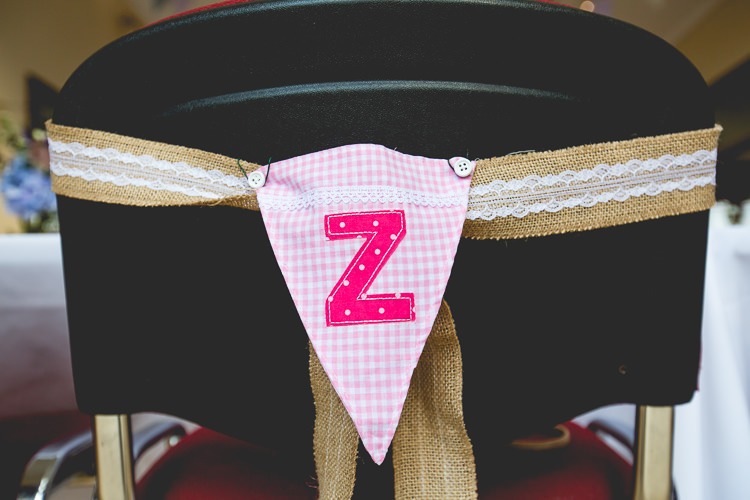 Bunting Hessian Lace Chair Decor Backs Pretty Home Made Country Village Hall Wedding http://www.alexapoppeweddingphotography.com/