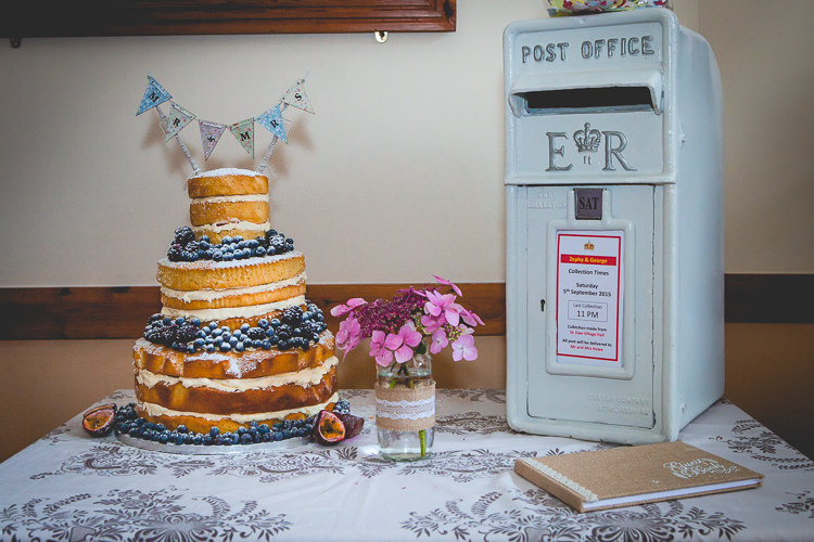Naked Cake Bunting Post Box Pretty Home Made Country Village Hall Wedding http://www.alexapoppeweddingphotography.com/