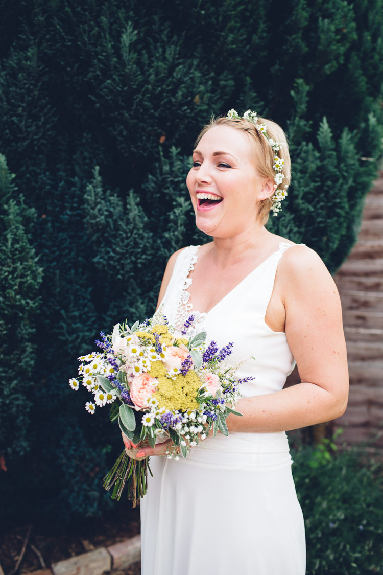 Bride Bridal Flower Crown Blooms Wild Bouquet Boho Gown Dress Straps Low Key Hand Made Wedding http://www.kategrayphotography.com/