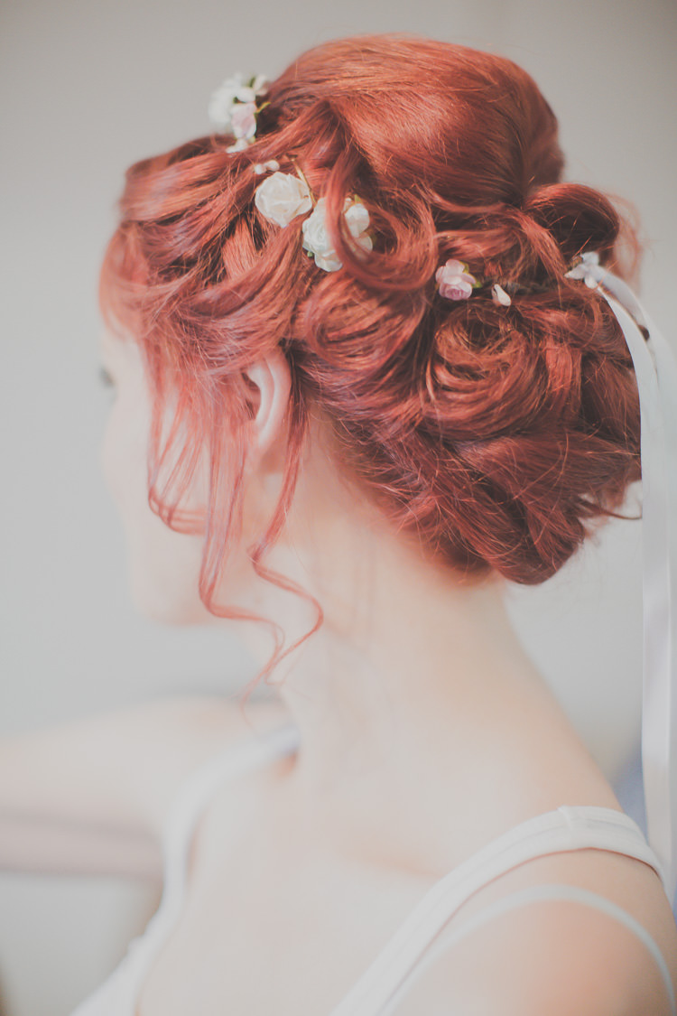 Red Hair Bride Bridal Style Up Do Flowers Veil Waves Quirky Cute Pastel Wedding http://www.ferriphotography.co.uk/