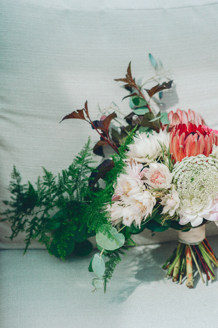 Whimsical Protea Eucalyptus Thistle Bouquet Flowers Bride Bridal Modern Natural Pink Metallic Wedding http://photosbyzoe.co.uk/
