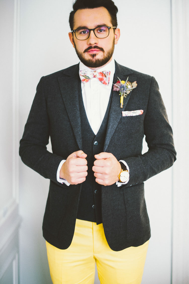 Groom Glasses Floral Bow Tie Yellow Trousers Chinos Whimsical Vibrant Multicolour Wedding Ideas http://hecapture.fr/