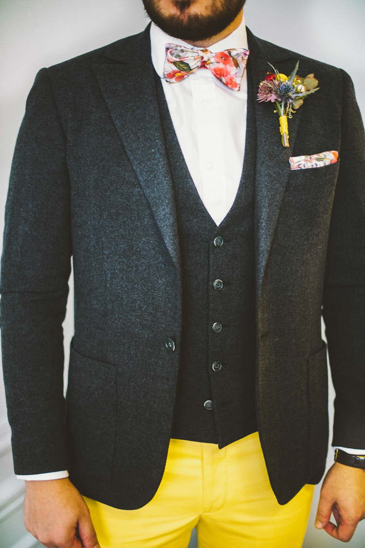 Groom Glasses Floral Bow Tie Yellow Trousers Chinos Whimsical Vibrant Multicolour Wedding Ideas http://hecapture.fr/
