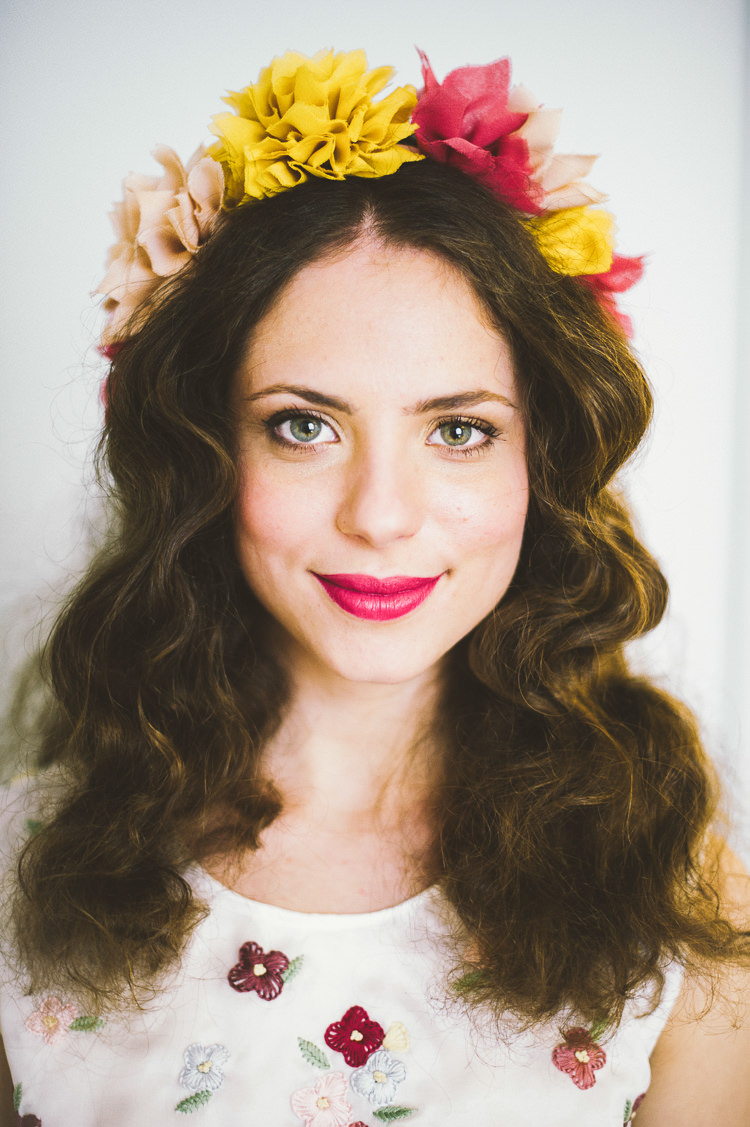 Fabric Flower Crown Make Up Pink Yellow Bride Bridal Whimsical Vibrant Multicolour Wedding Ideas http://hecapture.fr/