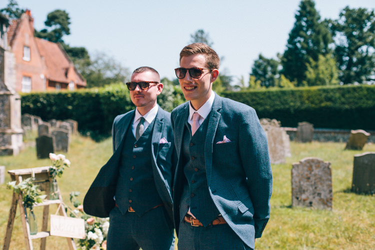 Blue Tweed Suit Groom ASOS Sunglassses Happy Summer Peach Marquee Wedding http://katherinemager.com/