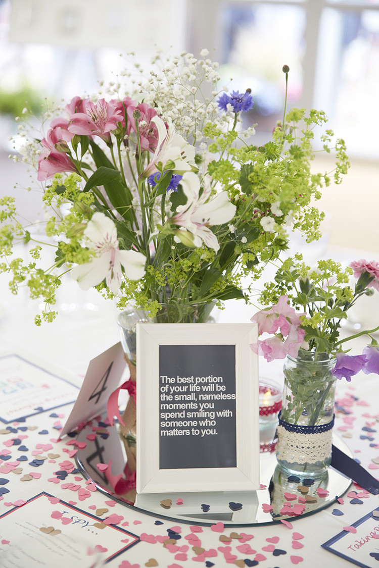 Jar Flowers Mirror Centrepiece Tables Decor Handmade Fuchsia Navy Farm Wedding http://www.nataliejweddings.com/