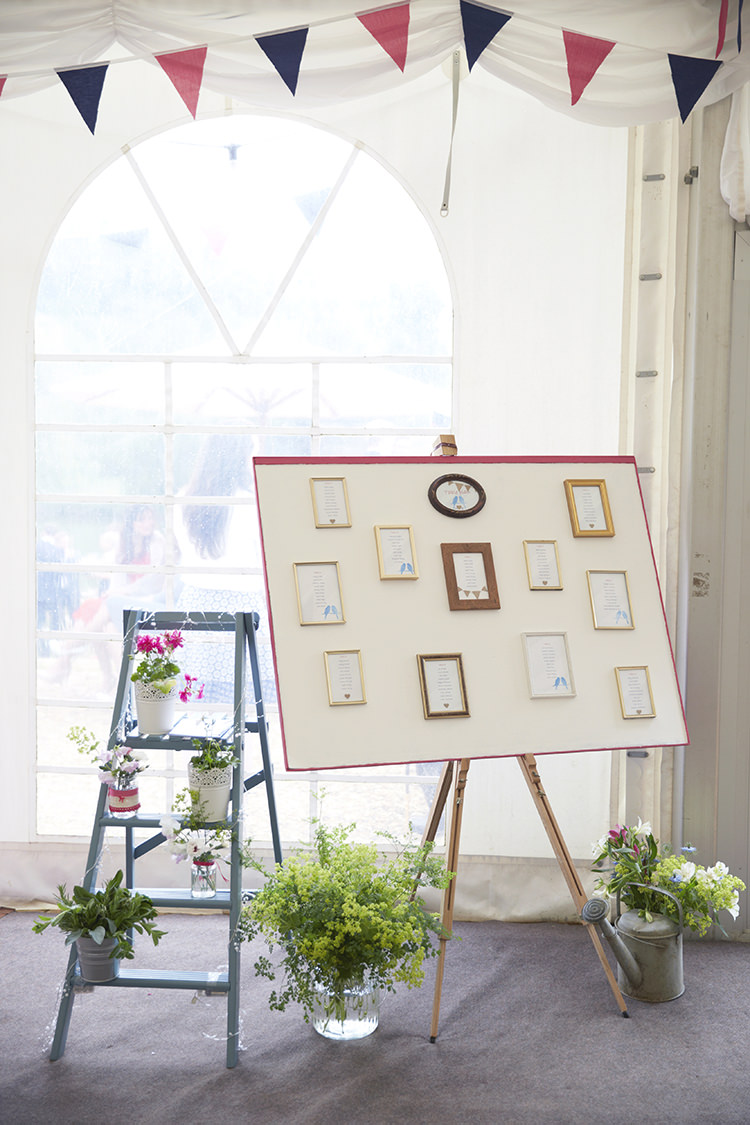 Frame Seating Plan Chart Table Ladder Flowers Handmade Fuchsia Navy Farm Wedding http://www.nataliejweddings.com/