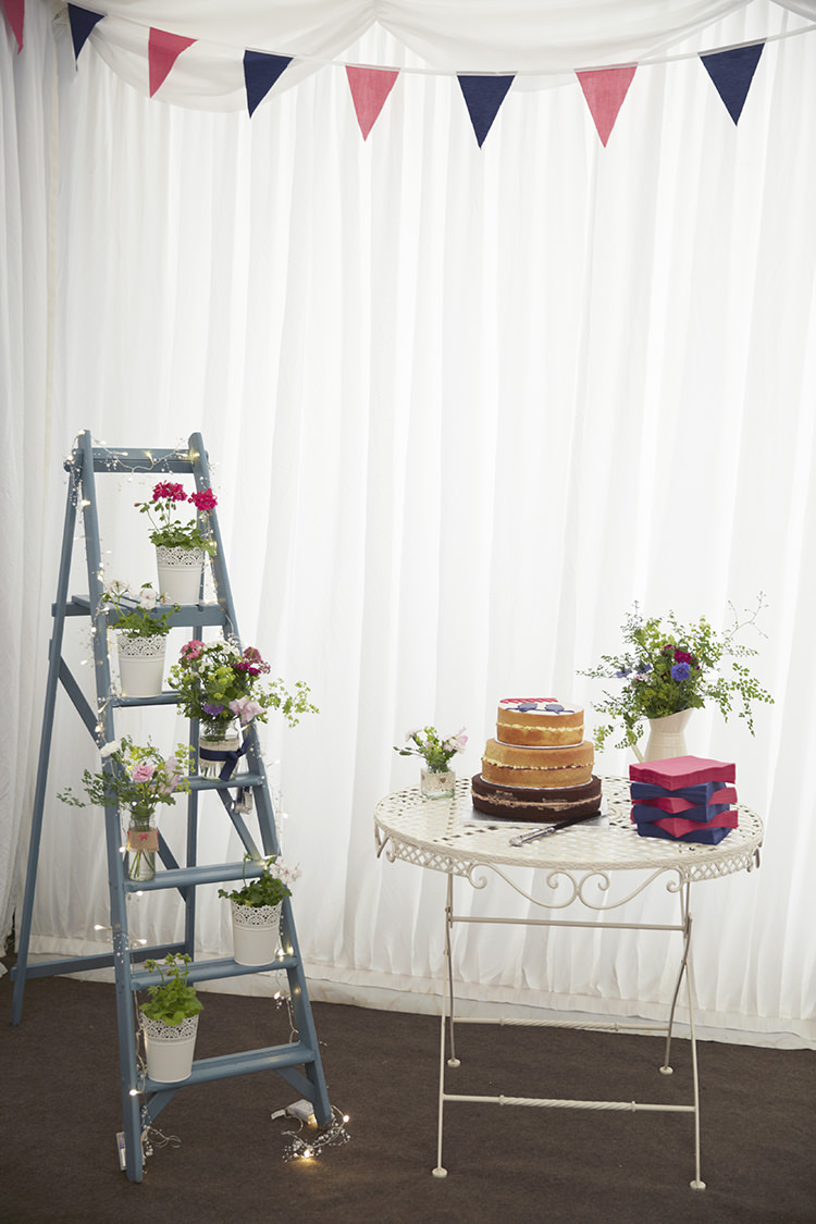 Ladder Flowers Fairylights Bunting Handmade Fuchsia Navy Farm Wedding http://www.nataliejweddings.com/