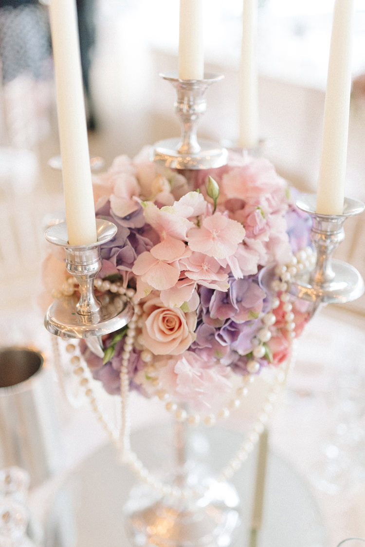 Candleabra Centrepiece Decor Tables Pearls Flowers Chic Pastel City Wedding http://sarahjaneethan.co.uk/