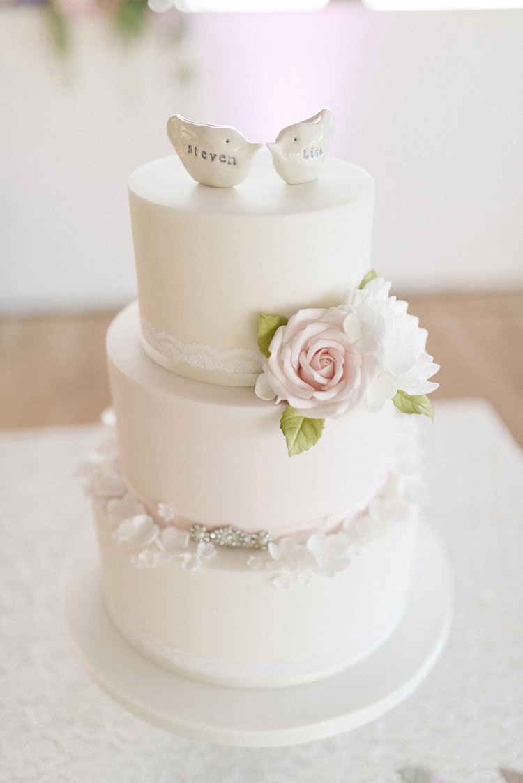 White Cake Flowers Lace Petals Birds Topper Chic Pastel City Wedding http://sarahjaneethan.co.uk/
