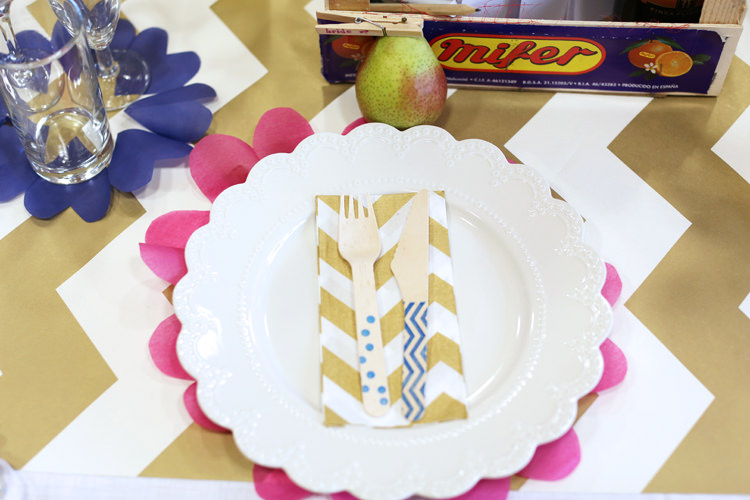 Wooden Cutlery Chevron Napkins Colourful Home Made Spring Wedding http://www.jadelisaphotography.com/