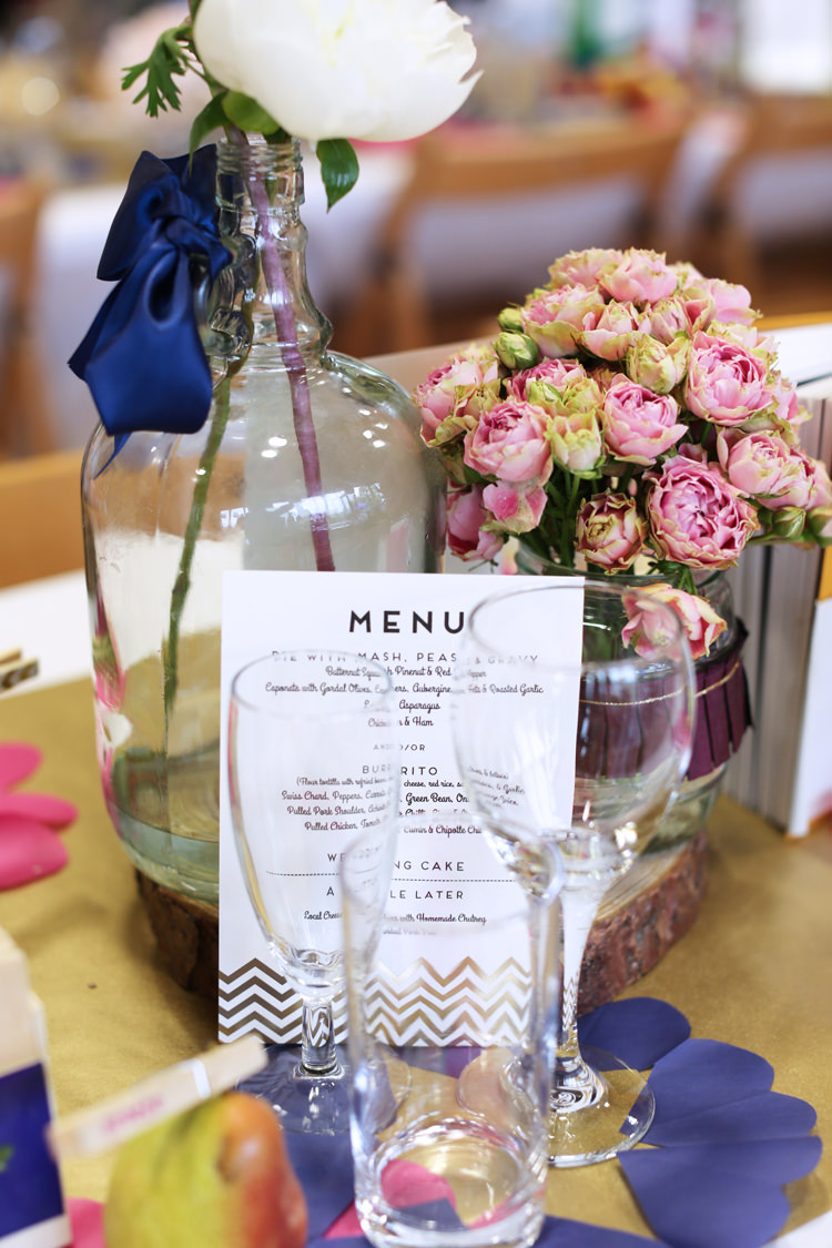 Chevron Menu Gold Stationery Colourful Home Made Spring Wedding http://www.jadelisaphotography.com/
