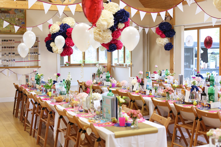 Balloons Bunting Pom Poms Pink Navy Gold Colourful Home Made Spring Wedding http://www.jadelisaphotography.com/