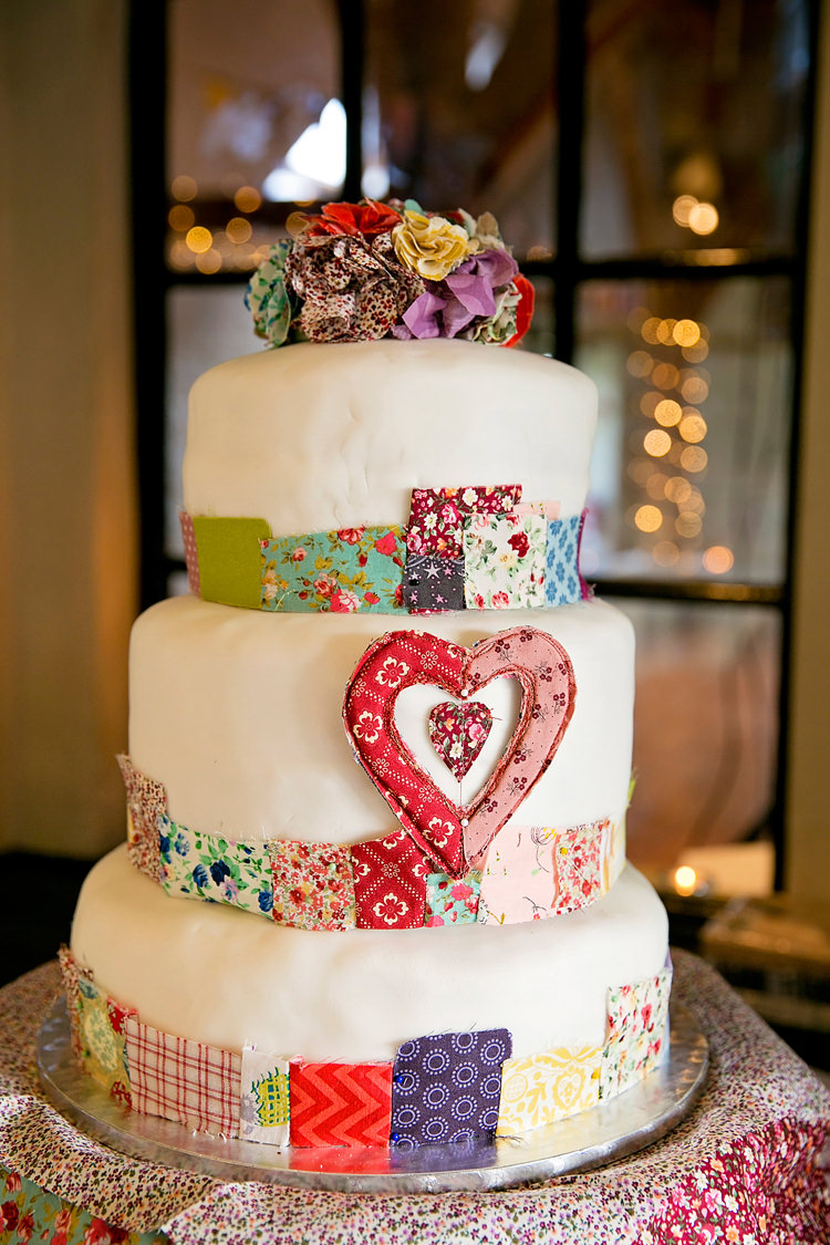 Fabric Patchwork Quilt Cake Vintage Autumn School Wedding http://www.rachaeledwardsphotography.co.uk/