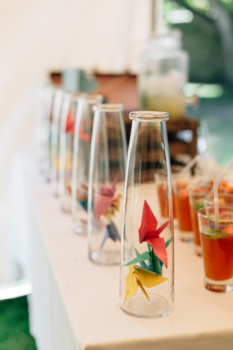 Paper Cranes Bottles Decor Bohemian Origami Guernsey Wedding http://janiceyiphotography.ca/