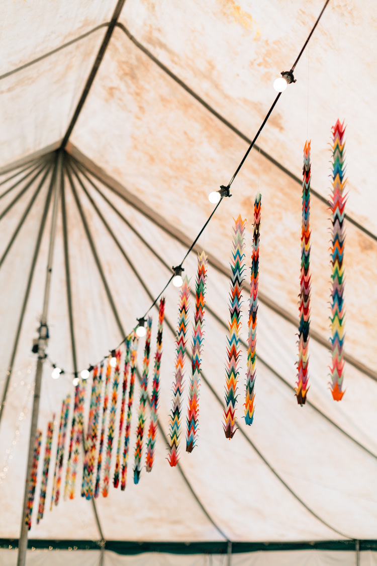 Paper Cranes Marquee Festoon Lights Bohemian Origami Guernsey Wedding http://janiceyiphotography.ca/
