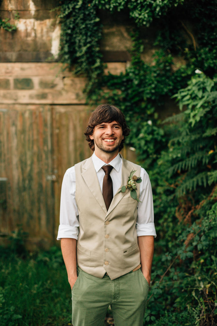 Waistcoat Groom Brown Tie Green Trousers Chinos Bohemian Origami Guernsey Wedding http://janiceyiphotography.ca/