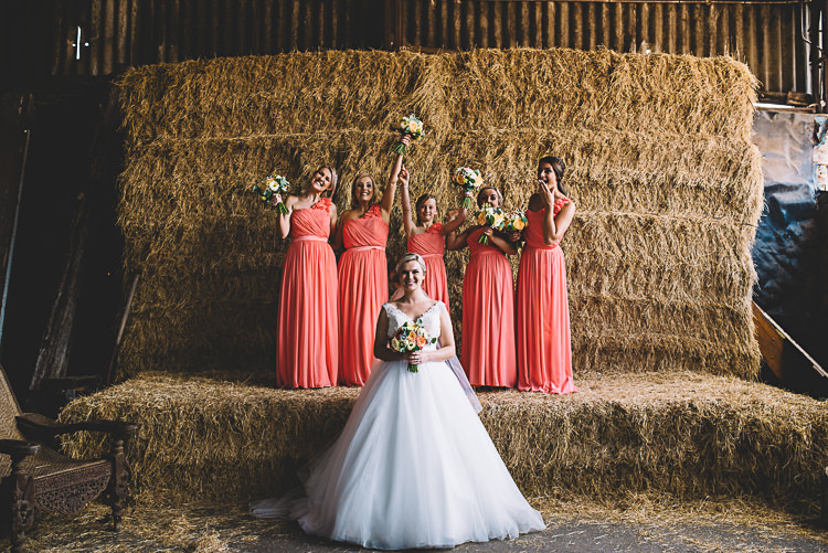 Long Assymetric Bridesmaid Dresses Magical Grey Coral Barn Wedding http://www.stevebridgwoodphotography.co.uk