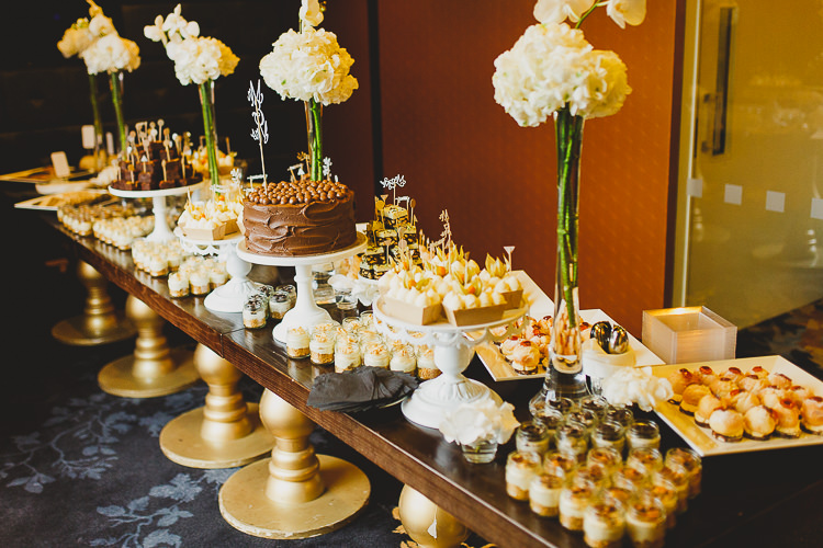 Cake Dessert Table White Gold Modern Chic Stylish City Wedding http://photographybymarclawson.com/