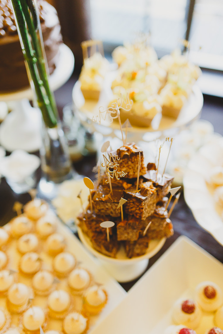 Cake Dessert Table White Gold Modern Chic Stylish City Wedding http://photographybymarclawson.com/