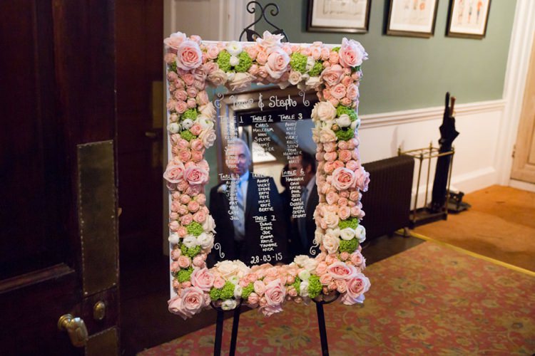 Flower Frame Mirror Seating Plan Table Chart Pretty Pink Green Winter Wedding http://www.lynseygracephotography.com/