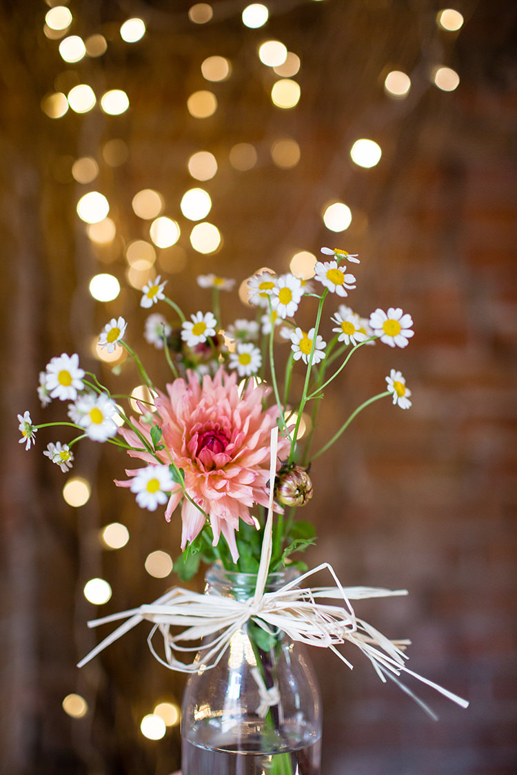 Raffia Bottle Flowers Dahlia Daisies Pretty Natural Floral Barn Wedding http://www.johastingsphotography.co.uk/