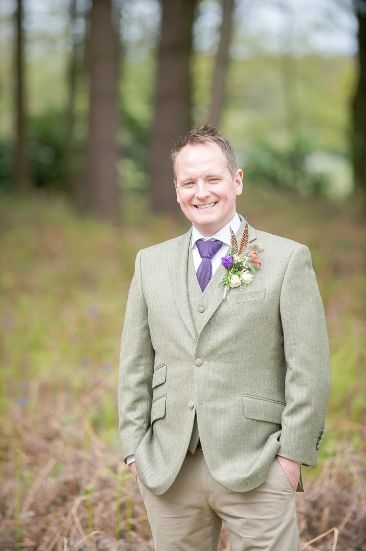 Green Tweed Purple Tie Groom Rustic Woodland Glade Wedding http://razzleberryphotography.co.uk/
