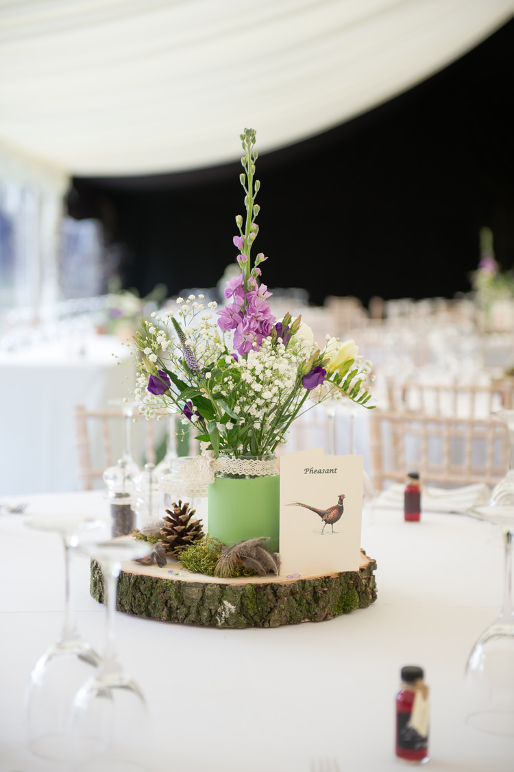 Jar Flowers Log Slice Purple Green Centrepiece Table Decor Rustic Woodland Glade Wedding http://razzleberryphotography.co.uk/