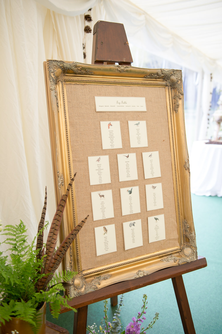 Hessian Frame Seating Plan Table Chart Animals Birds Rustic Woodland Glade Wedding http://razzleberryphotography.co.uk/