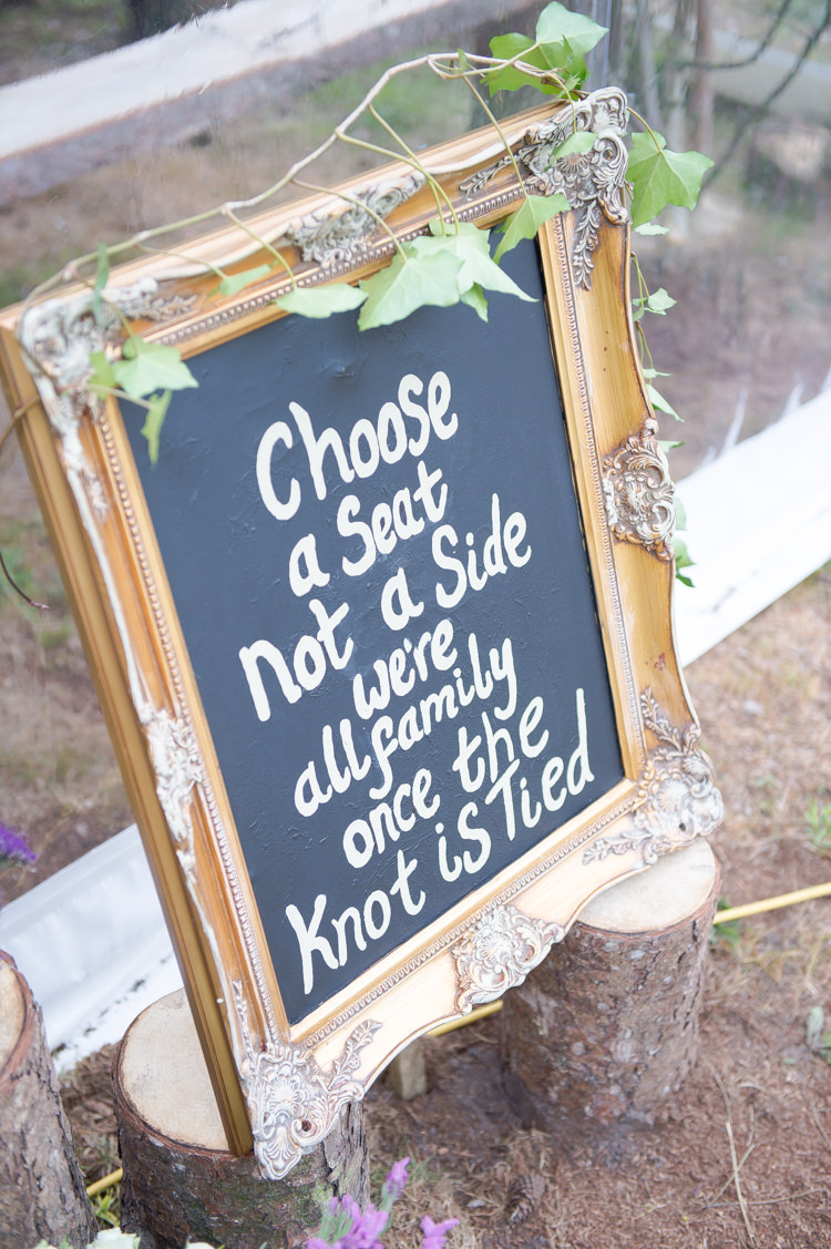 Black Chalk Board Sign Pick A Seat Ceremony Rustic Woodland Glade Wedding http://razzleberryphotography.co.uk/