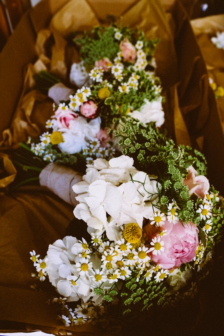 Bouquet Flowers Daisies Hydrangeas Billy Ball Peony Bride Bridal Eclectic Crafty Village Hall Wedding http://www.edgodden.co.uk/
