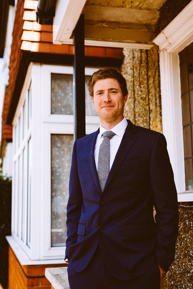 Blue Jaeger Suit Groom Knitted Grey Tie Eclectic Crafty Village Hall Wedding http://www.edgodden.co.uk/