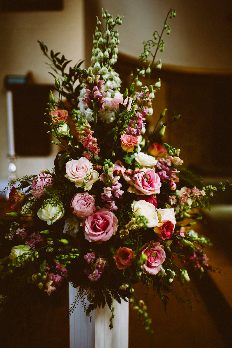 Church Flowers Pink Roses Peonies Eclectic Crafty Village Hall Wedding http://www.edgodden.co.uk/
