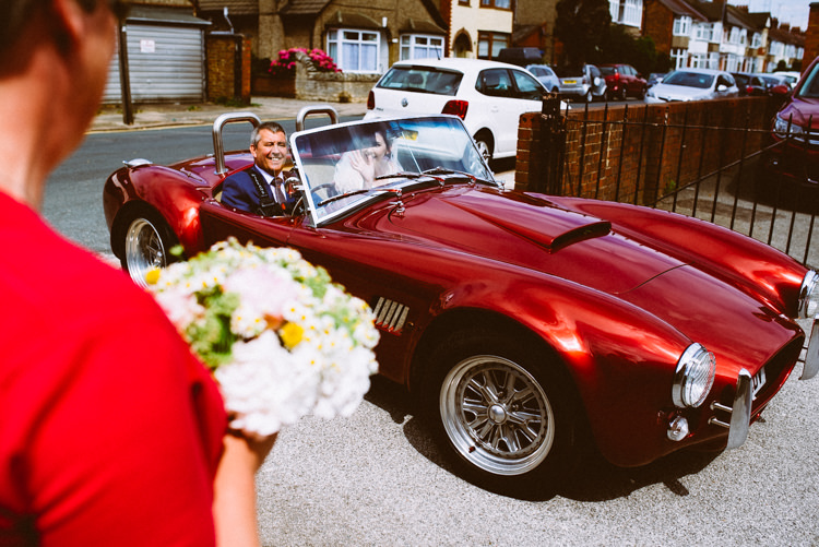 Classic Red Convertible Car Eclectic Crafty Village Hall Wedding http://www.edgodden.co.uk/