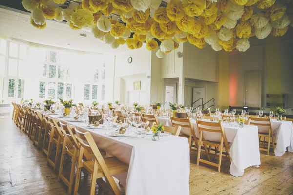 Pom Pom Wedding Ideas Hanging Yellow http://www.milliebenbowphotography.com/