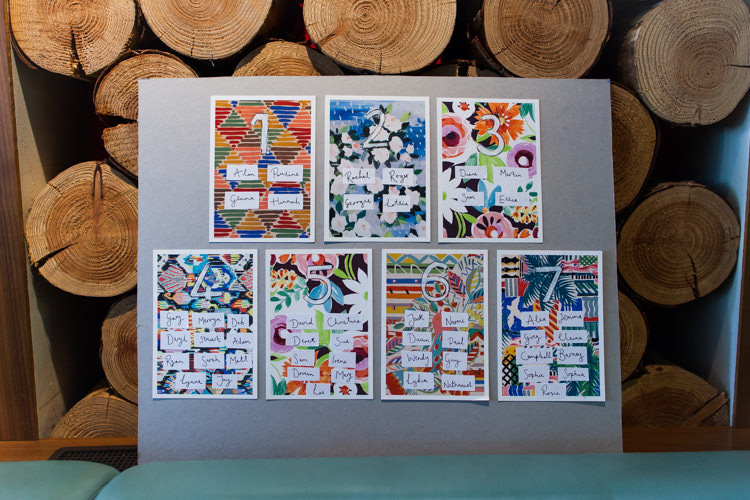 Floral Seating Plan Table Chart Floral Graphics Colourful DIY Village Hall Wedding http://samanthagilrainephotography.com/