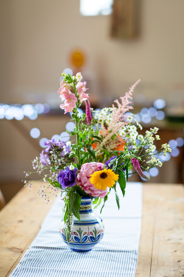 Jug Wild Flowers Stripe Cloth Runner Table Colourful DIY Village Hall Wedding http://samanthagilrainephotography.com/
