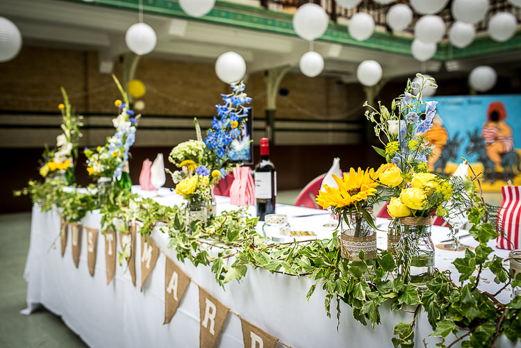 Jar Flowers Top Table Swag Bunting Blue Yellow Quirky Film DIY Wedding http://jamestraceyphotography.com/