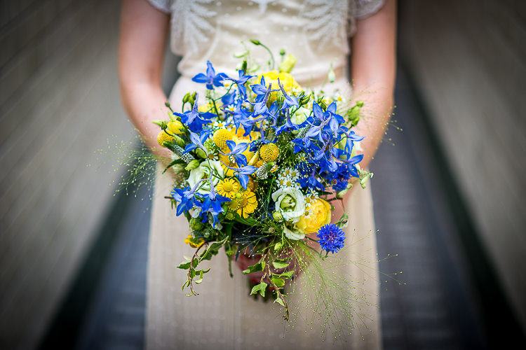 Yellow Blue Bouquet Flowers Bride Bridal Quirky Film DIY Wedding http://jamestraceyphotography.com/
