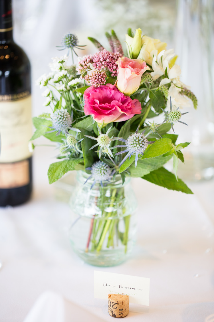 Pink Blue Jar Flowers Table Decor Pretty Fresh Summer Wedding http://www.charlotterazzellphotography.com/