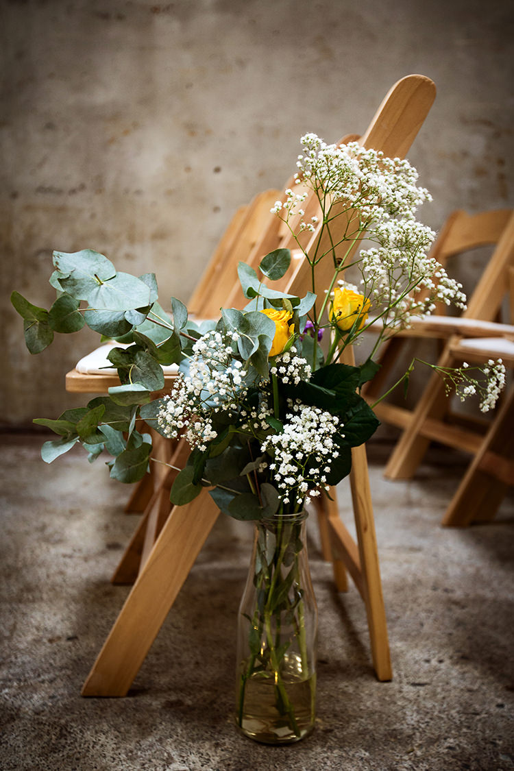 Bottle Flowers Pew Ends Ceremony Decor Home Made Farm Tipi Wedding http://alexabbottphotography.co.uk/