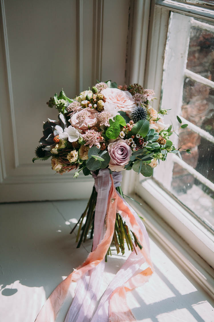 Lilac Pink Bouquet Flowers Ribbons Bride Bridal Roses Thistle Quirky Stylish Home Made Woodland Wedding http://bloomweddings.co.uk/